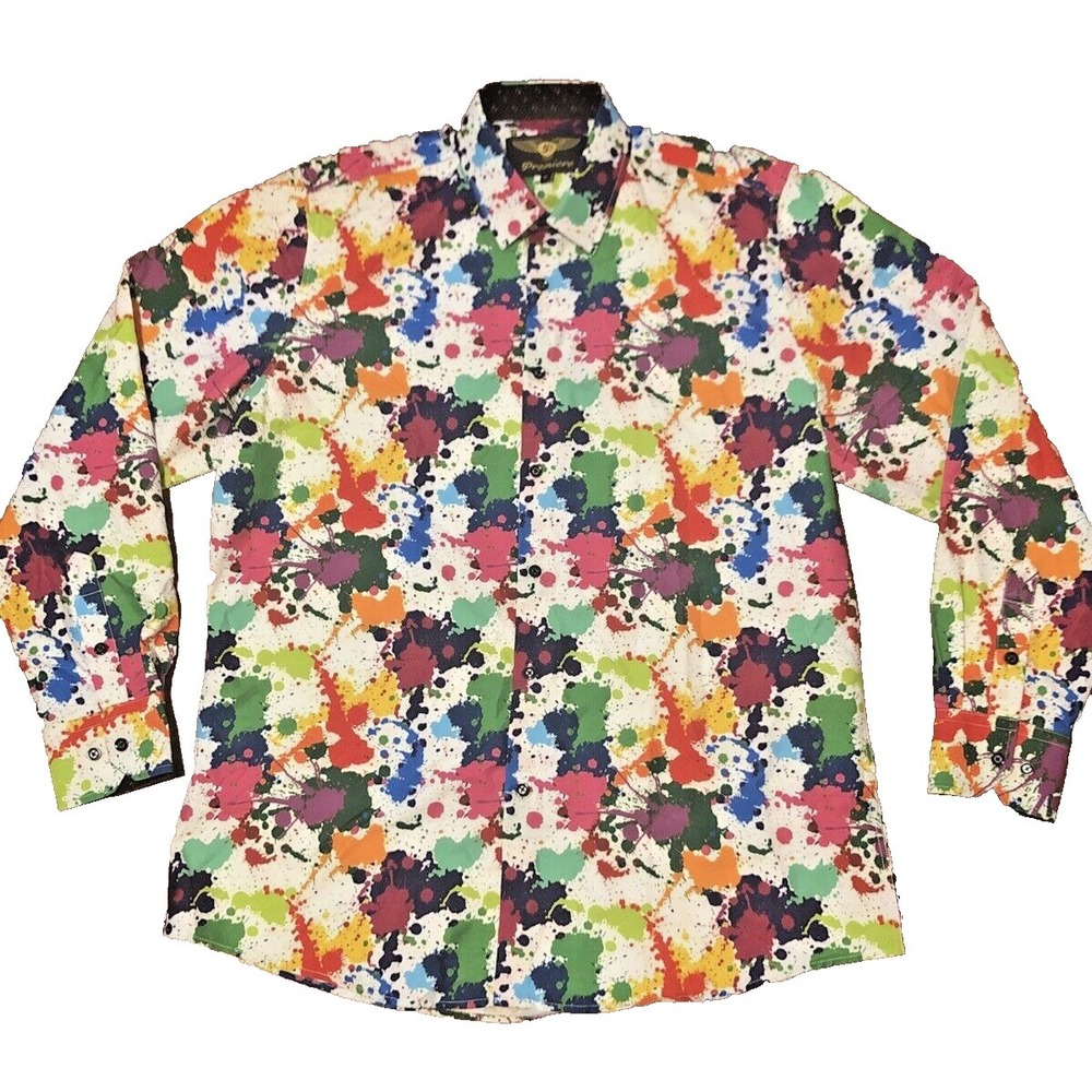 PREMIERE Men M Long Sleeve Flip Cuff Shirt MULTI COLOR SPLASH PAINT Splatter NWT